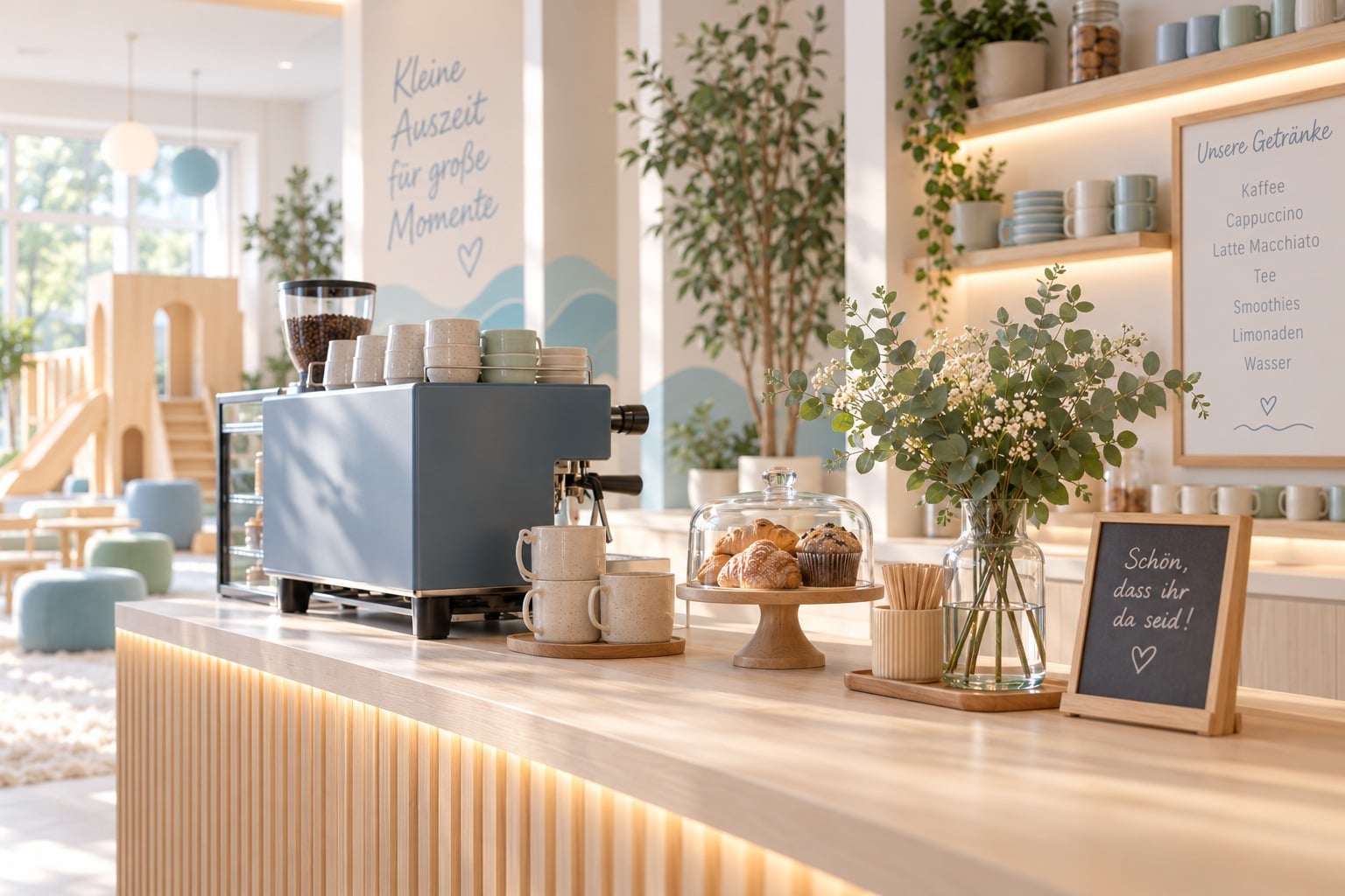 Cafétheke aus hellem Holz mit Espressomaschine, gestapelten Tassen, Gebäck unter einer Glashaube und einer Getränketafel