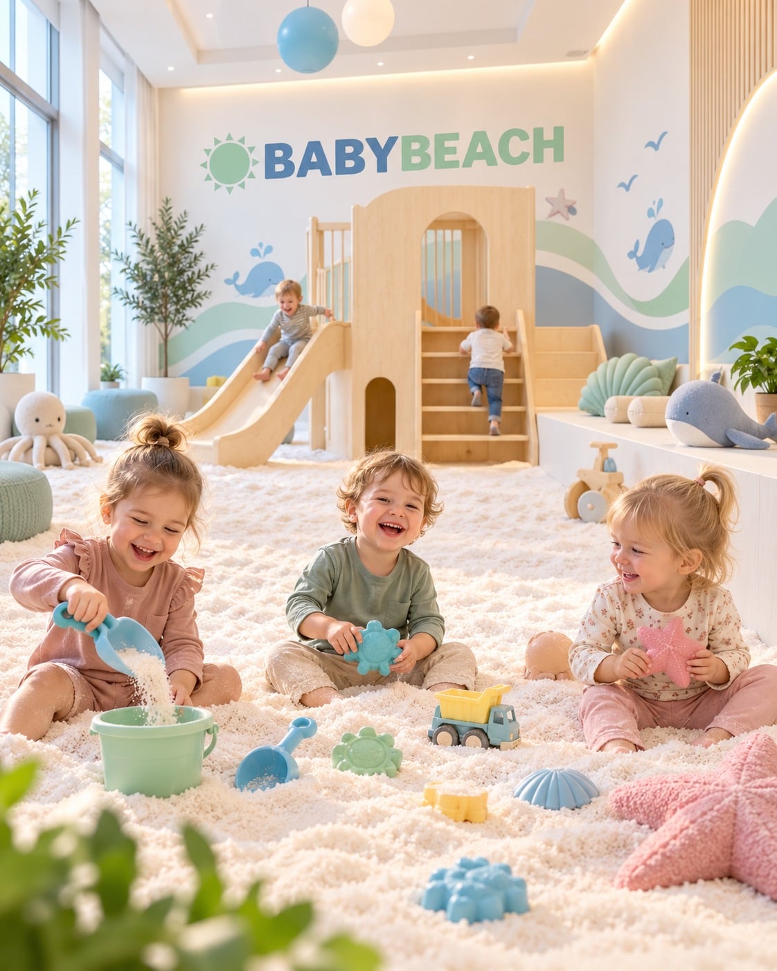 Drei Kinder sitzen lachend im weißen Salzgranulat und schaufeln es mit Förmchen und Eimer, dahinter eine Holzrutsche und der Schriftzug Babybeach an der Wand
