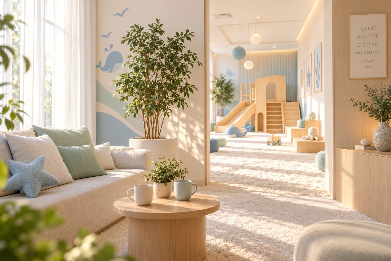 Sitzecke mit hellem Sofa, Kissen und Couchtisch, dahinter durch einen Durchgang der Spielbereich mit Holzrutsche