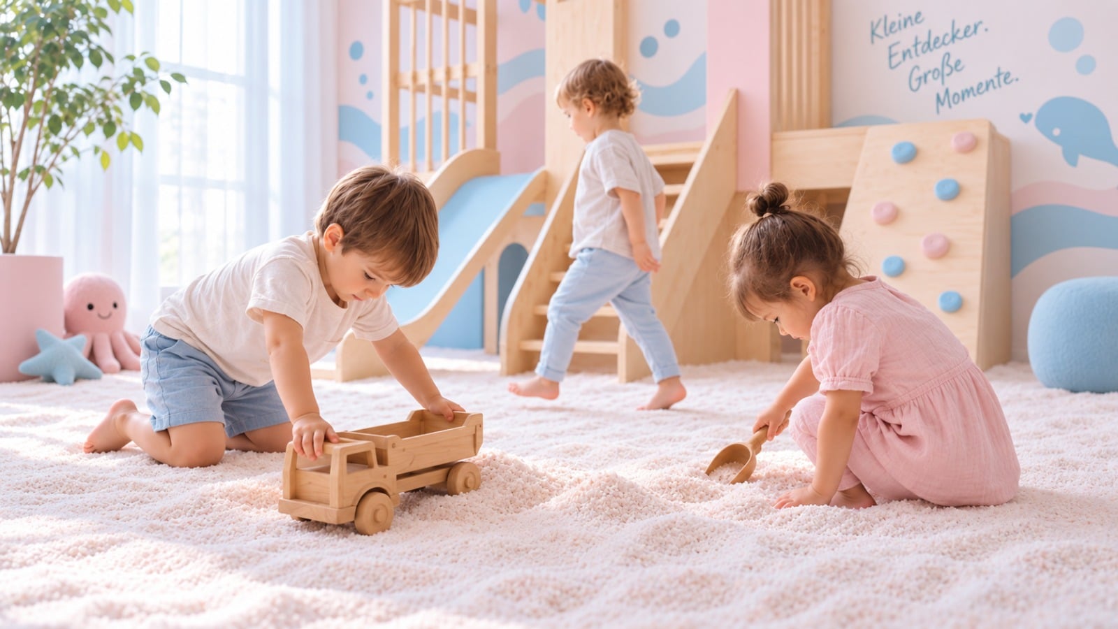 Drei Kinder spielen im weißen Salz, eines schiebt einen Holzlaster, dahinter Rutsche und Kletterwand